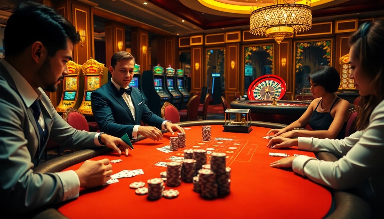 79KING poker scene showcasing players and a dealer engaged in excitement.