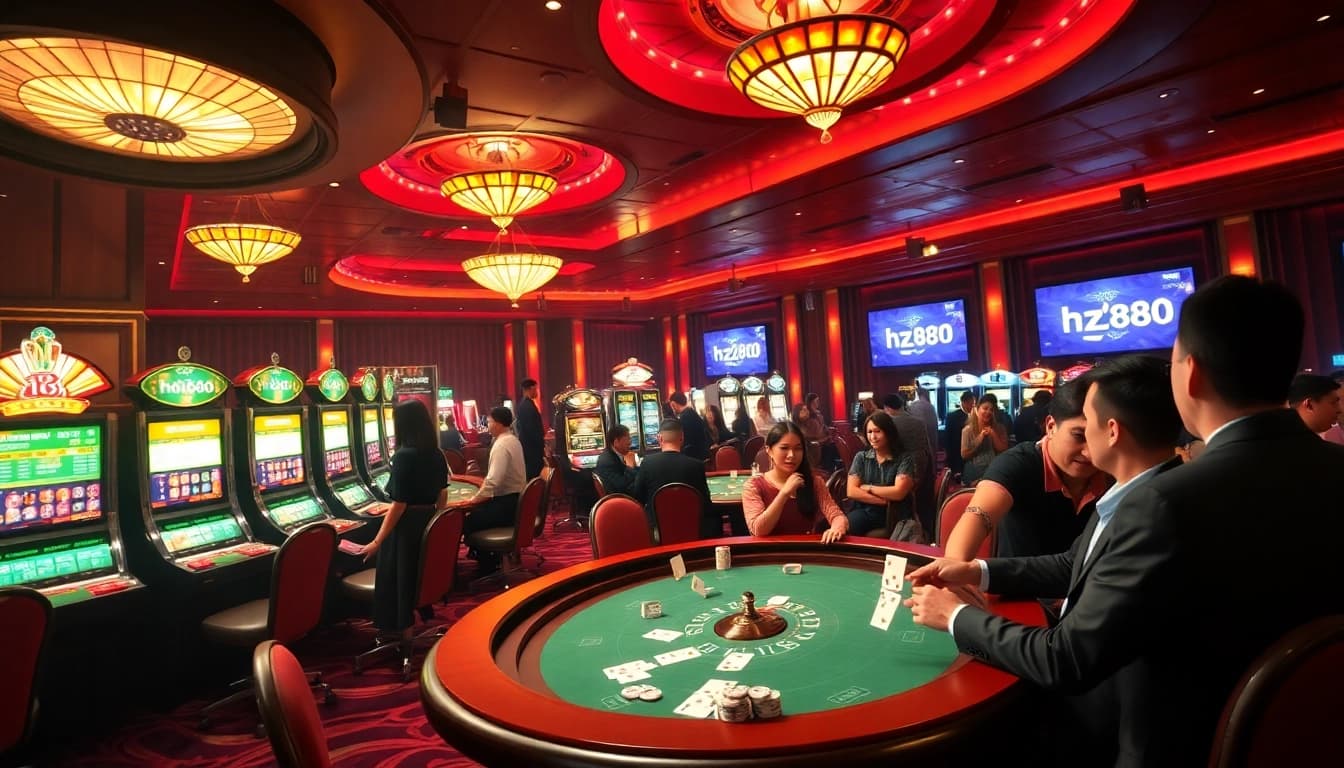 Players enjoying a thrilling game experience at HZ88 casino with vibrant slot machines and poker tables.