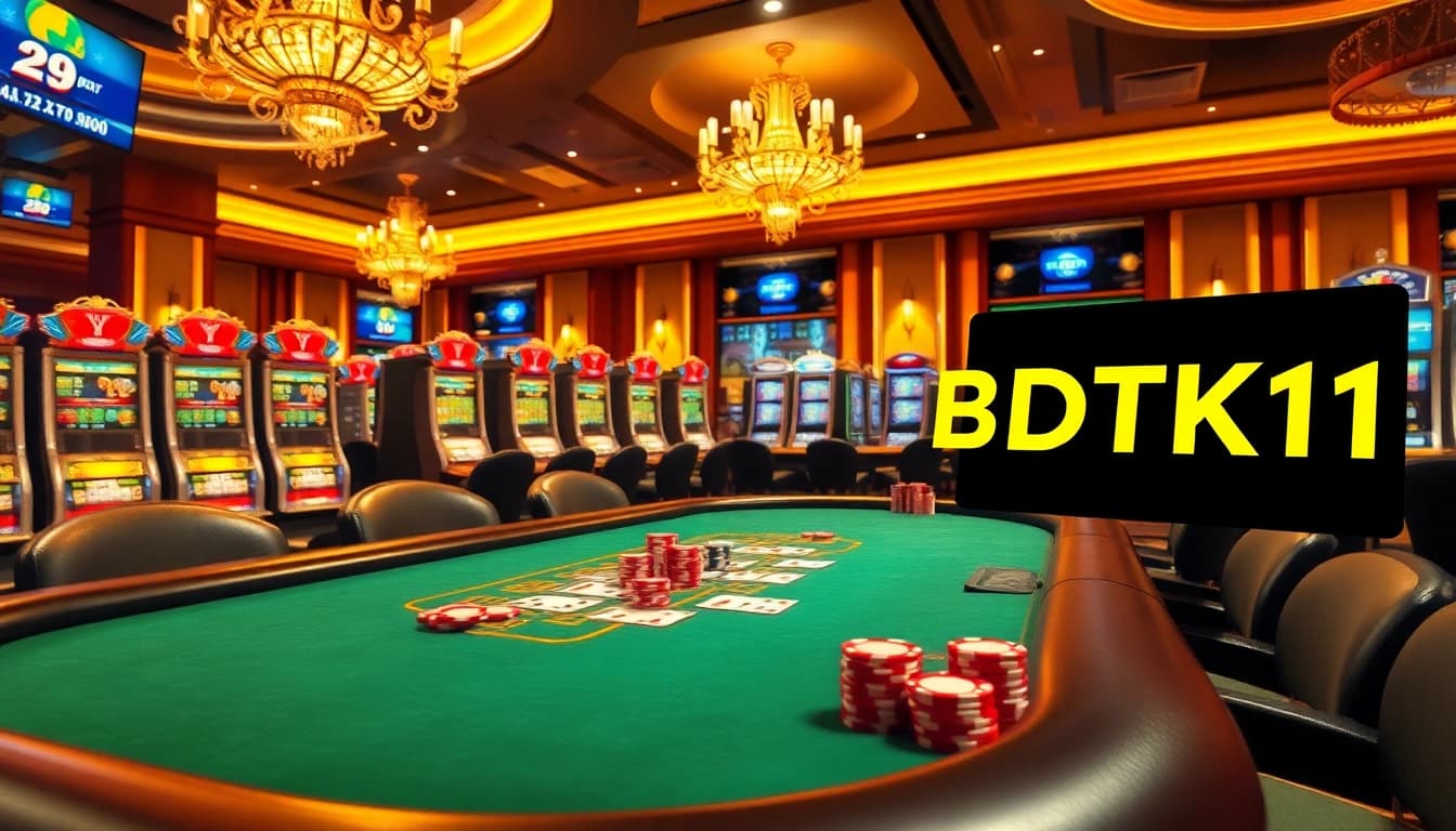 Experience the thrill of BDTK1 gaming at a luxurious poker table in a vibrant casino scene.