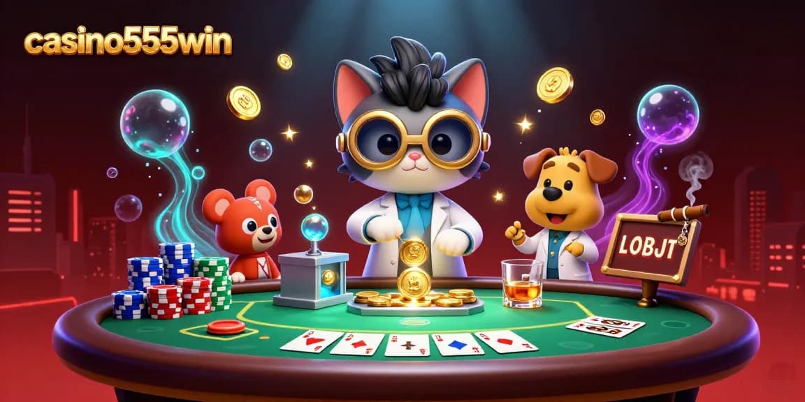 Experience thrilling gameplay at casino555win with a captivating 3D scene of a mad scientist cat and dog in a casino.
