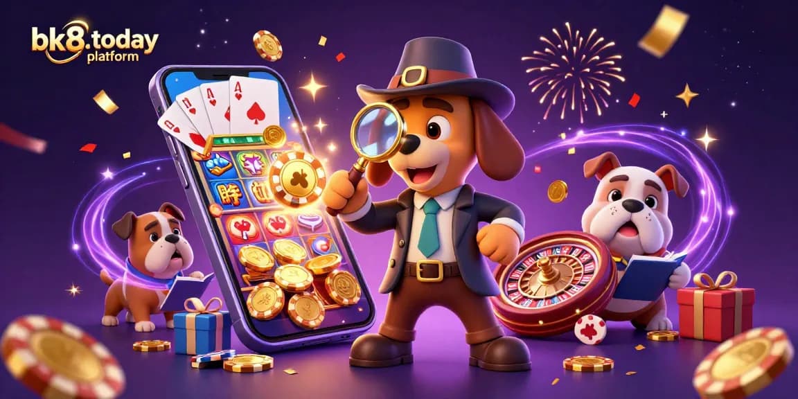 Bet on exciting games at bk8.today platform with a 3D illustration of a detective discovering golden poker chips.