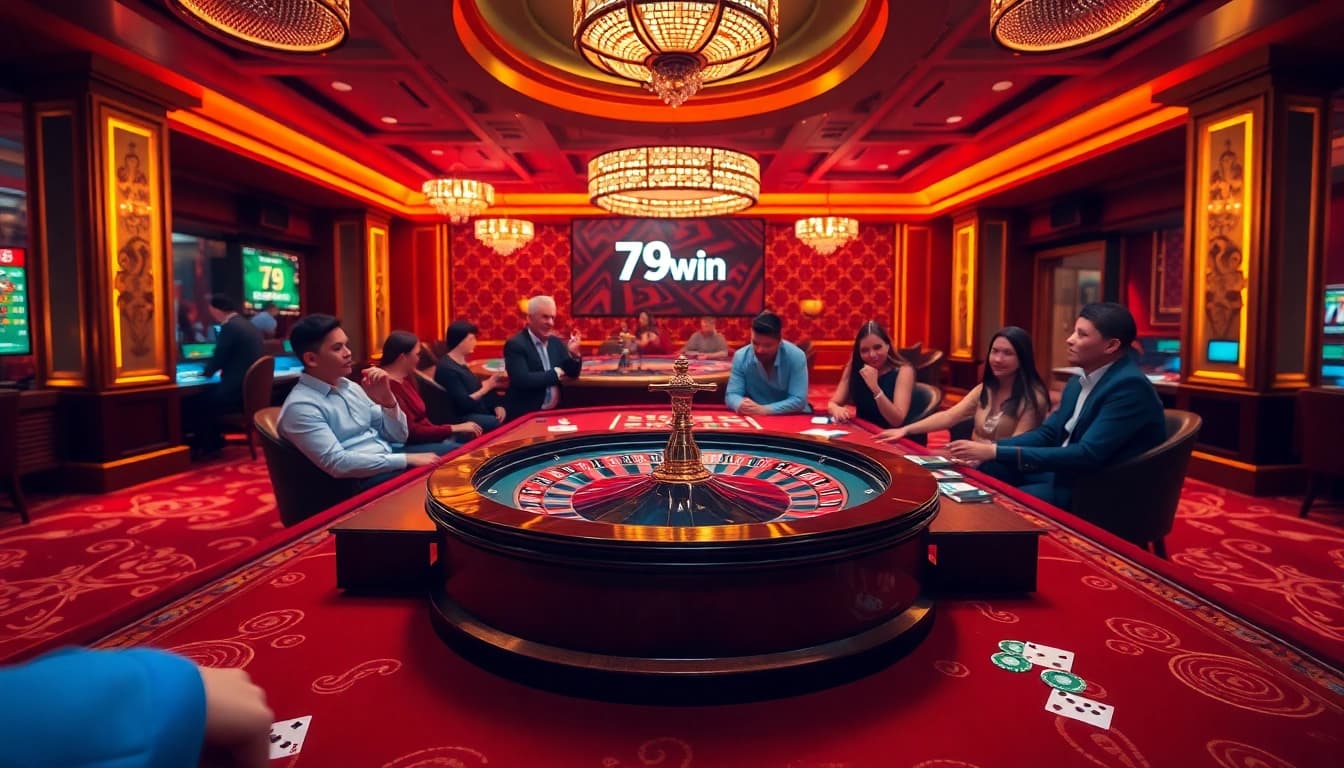 Players enjoying a thrilling roulette experience at 79win casino with vibrant atmosphere and luxury.