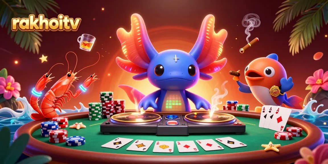 Experience exciting gaming action with rakhoitv's vibrant 3D casino scene showcasing animated axolotl DJ.