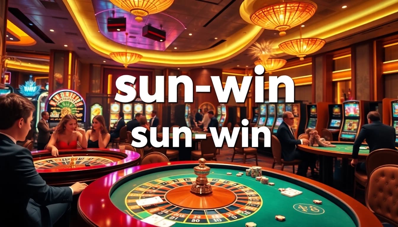 Players experience thrilling games at sun win casino, surrounded by vibrant slot machines and poker tables.