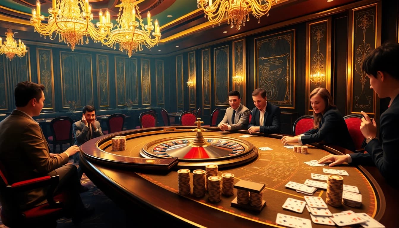 Pôquer de altas apostas no BL555 com elementos de cassino de luxo e jogadores vibrantes.