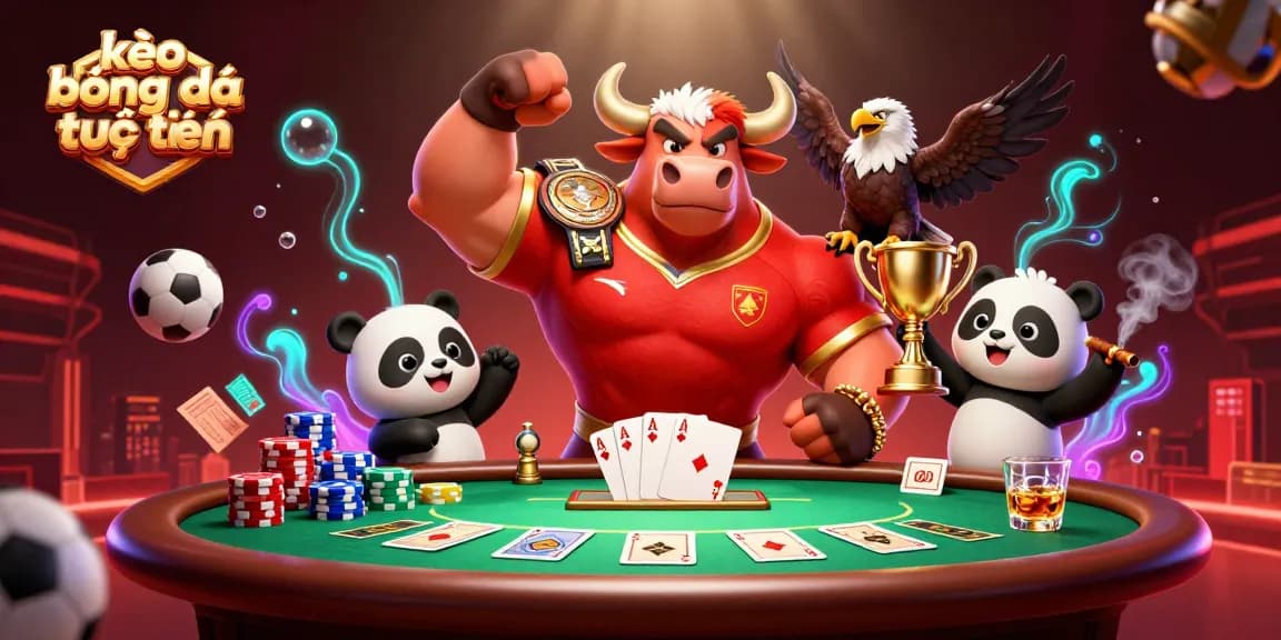 Engage in kèo bóng đá trực tuyến with a celebration scene featuring a muscular bull, an eagle, and a panda amidst dynamic sports elements.