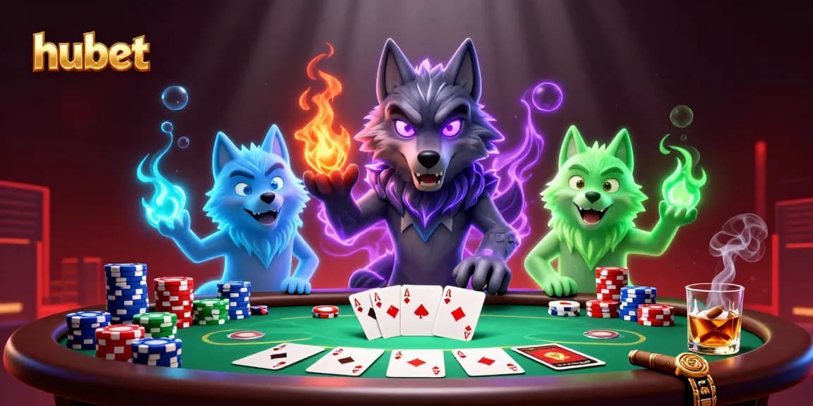 Experience thrilling hubet poker action with ghostly wolves and vibrant game elements.