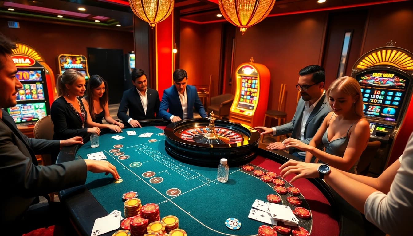 Gamblers enjoying the excitement of fun 79 at a luxurious casino table with vibrant roulette and colorful chips.