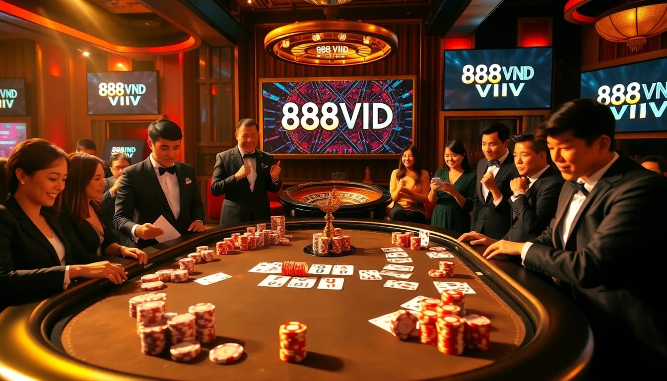 Experience the thrill of 888VND VIP at an upscale casino table with poker chips and cards.
