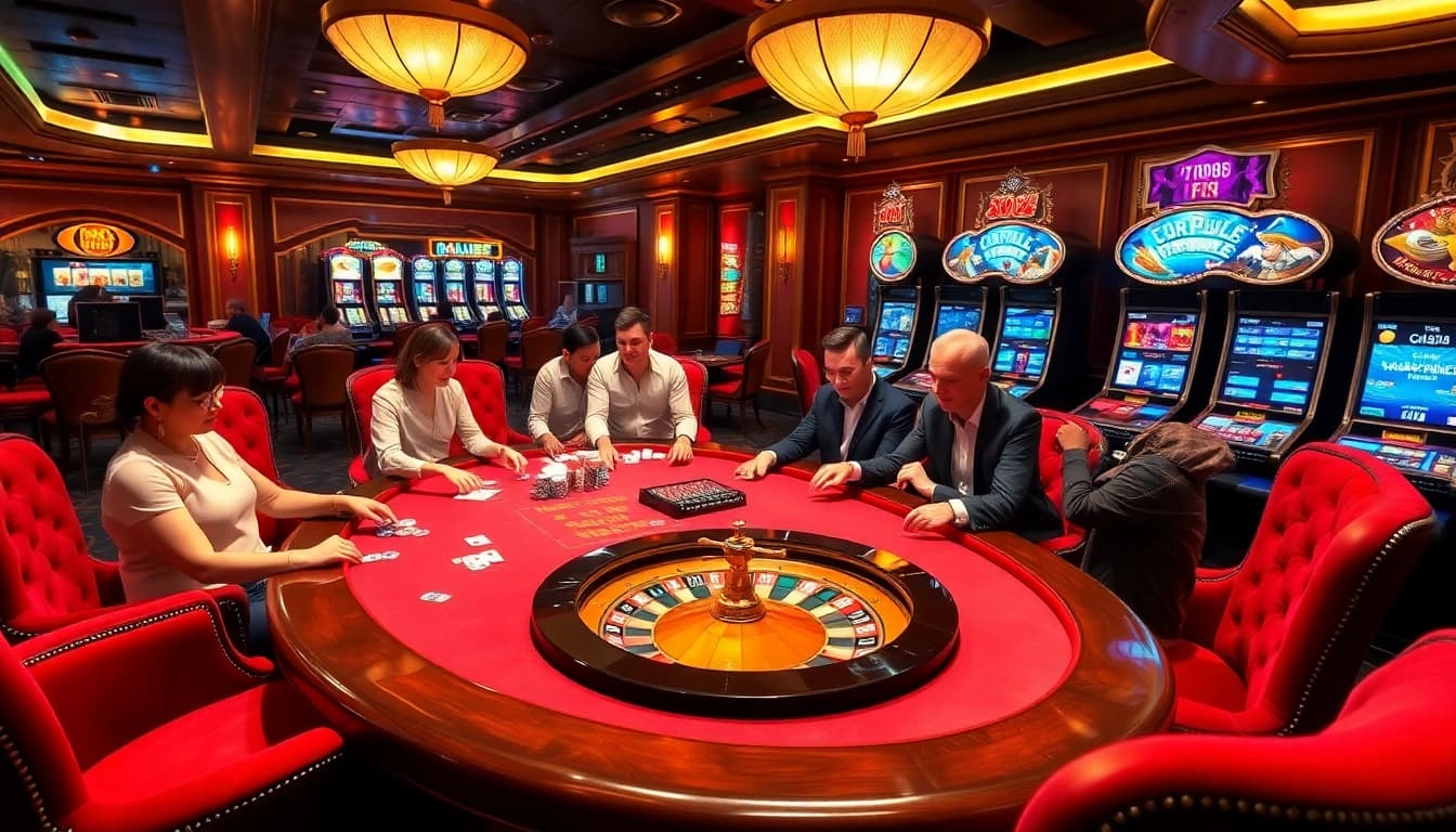 Players enjoying an exciting poker game at RR88 online casino, showcasing chips and cards.