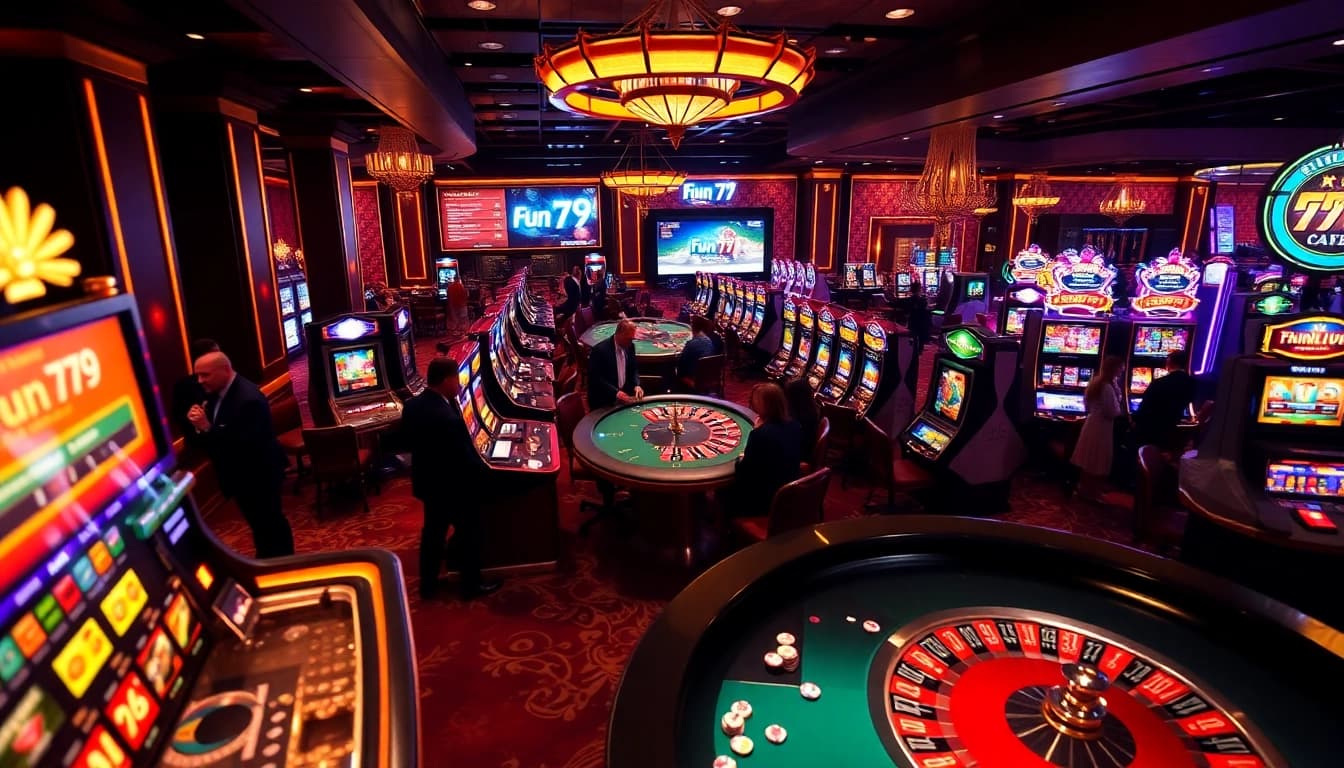 Experience the thrilling atmosphere at Fun 79 casino with vibrant gaming tables and excited players.