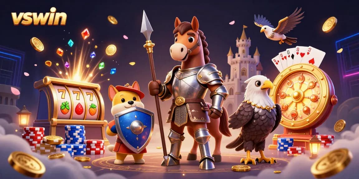 Experience thrilling wins at vswin with 3D knights and enchanted casino elements in a dynamic illustration.
