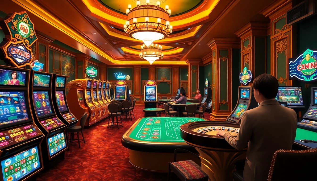Experience thrilling gameplay at https://nk88bet.org/ with vibrant casino visuals showcasing slot machines and poker tables.