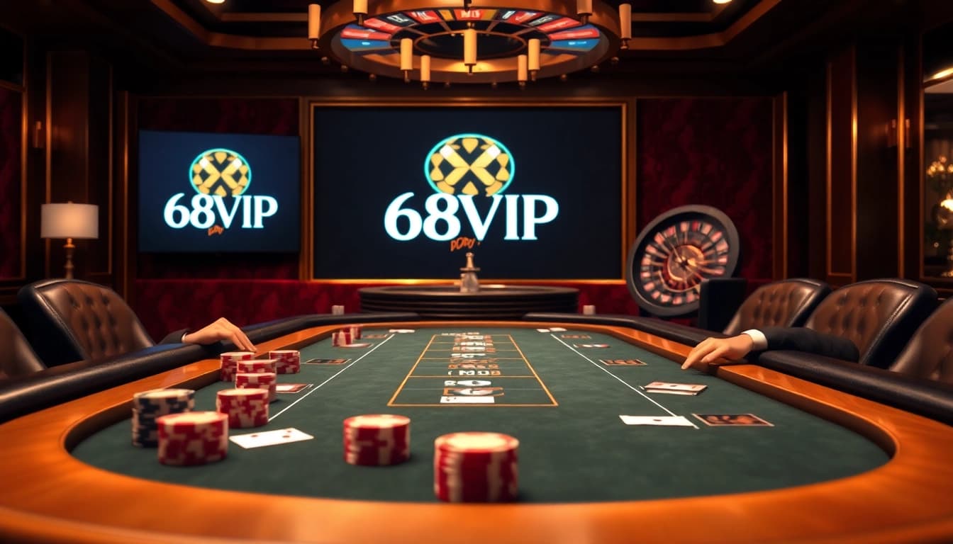 Exciting gambling action at a professional casino table featuring the 68VIP logo, poker chips, and cards.