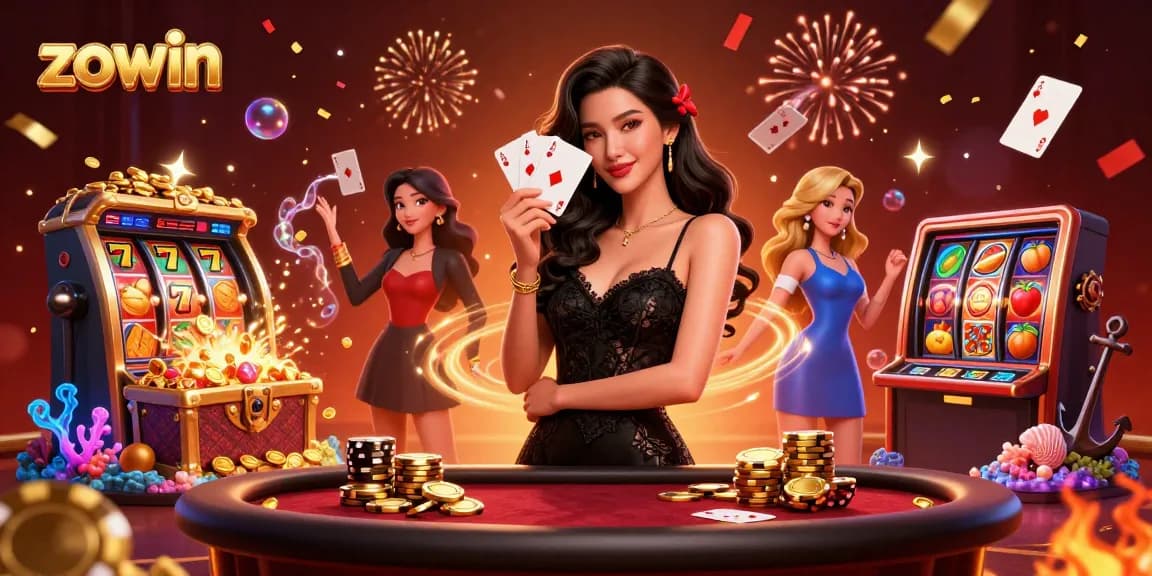 Zowin casino event showcases vibrant slot reels and an elegant woman holding playing cards