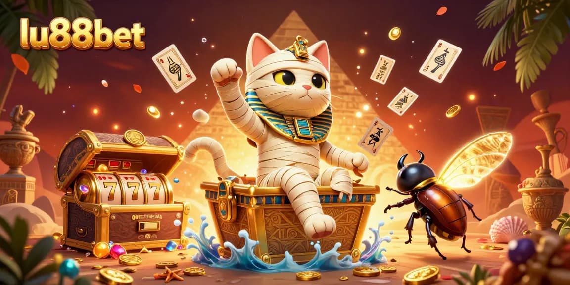 Experience exciting jackpots at lu88bet with a dynamic pyramid casino scene featuring a mummy and treasures.