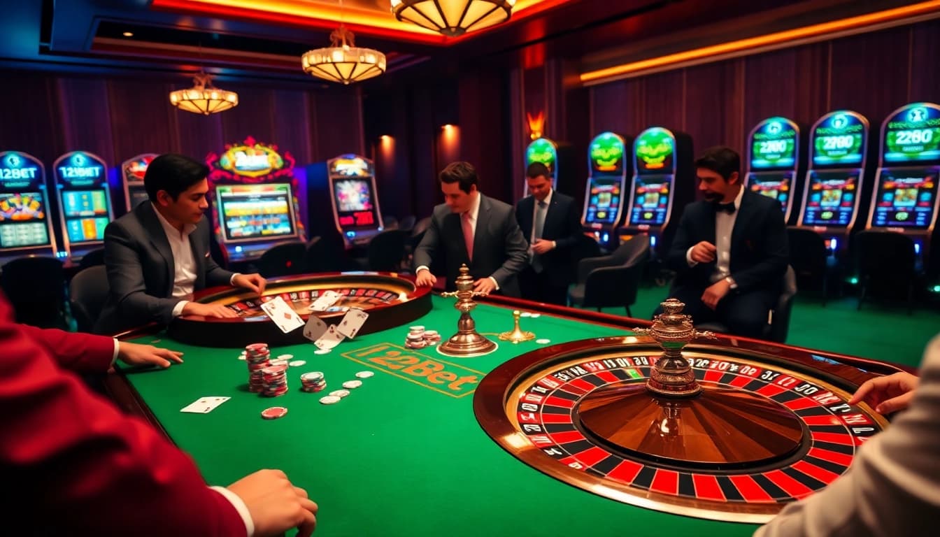 Experience excitement at 12Bet's luxury gaming tables with vibrant roulette and poker action.