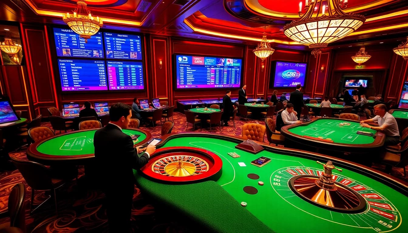 Engaged players enjoying high-stakes gaming at GG88 casino tables with vibrant decor.