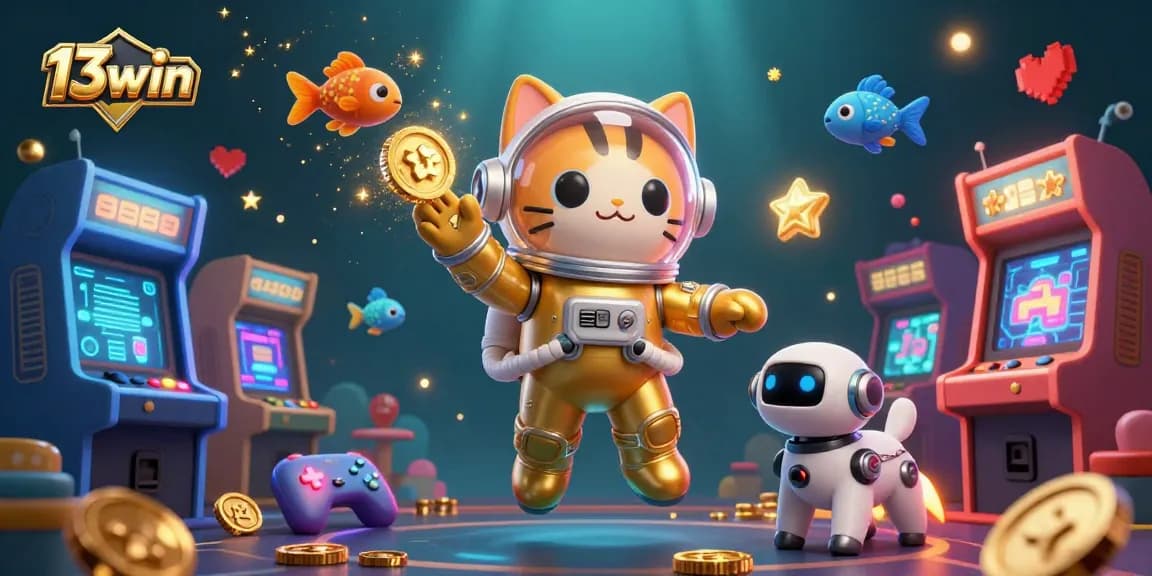 A vibrant scene showcasing a golden space suit cat and robot dog exploring casino-themed elements, highlighting 13win
