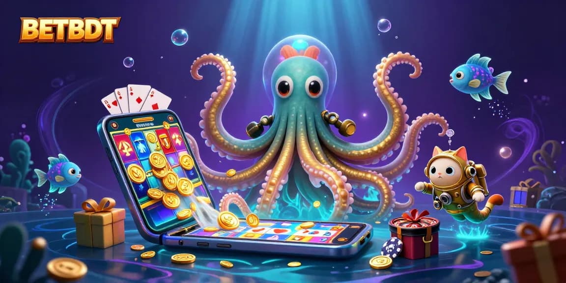 Spin and win with BETBDT's thrilling casino adventure featuring a kraken, diving cat, and vibrant games.