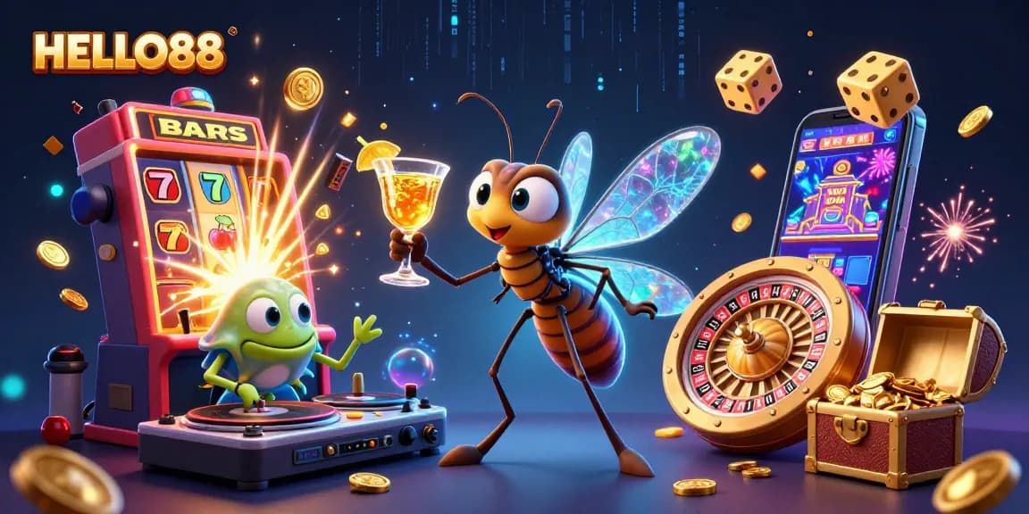 Engage with HELLO88's lively 3D casino scene filled with colorful games and dynamic characters.