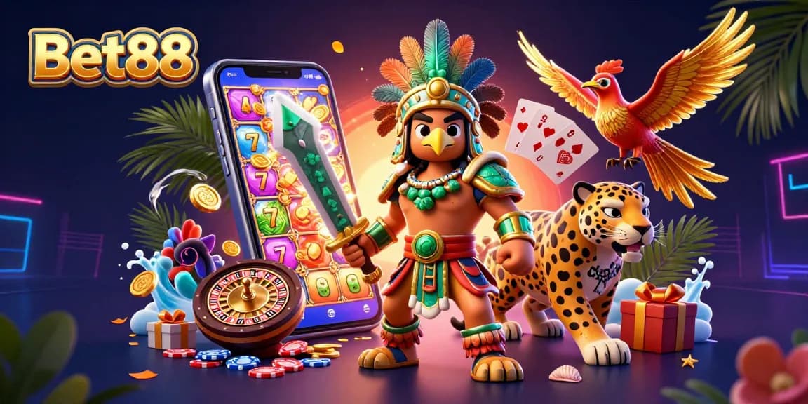 Bet88 brings excitement with an Aztec warrior, slot games, and golden coins erupting in a vibrant casino scene.