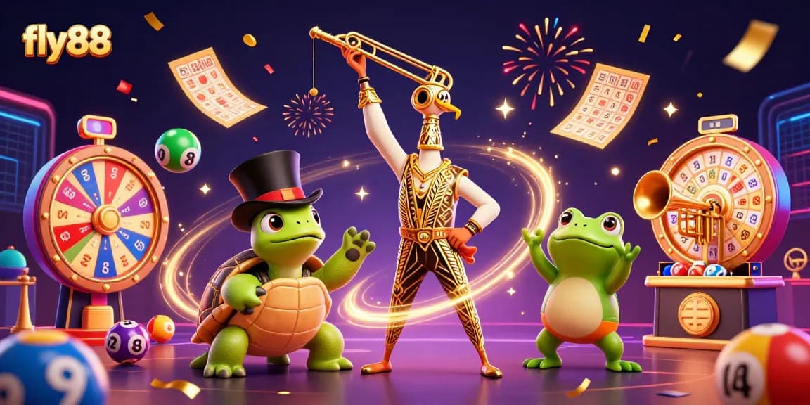 Experience excitement with fly88 at a vibrant casino scene full of games and characters.