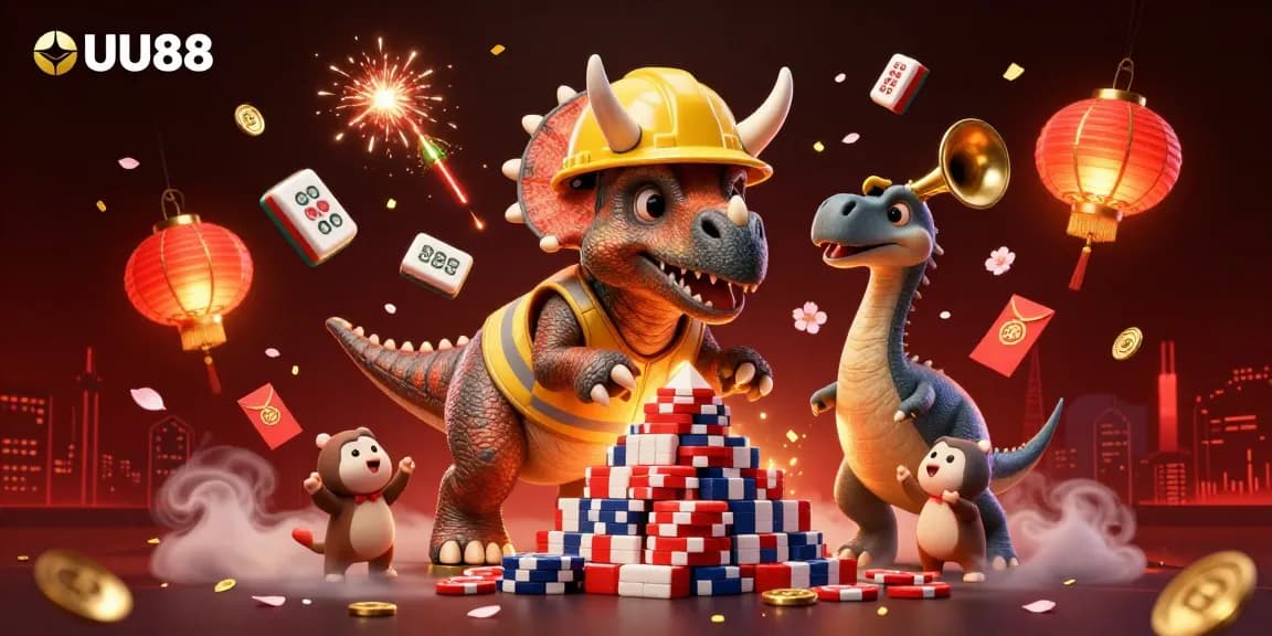 Experience the excitement of UU88 as a triceratops builds a tower of poker chips amidst vibrant casino elements.