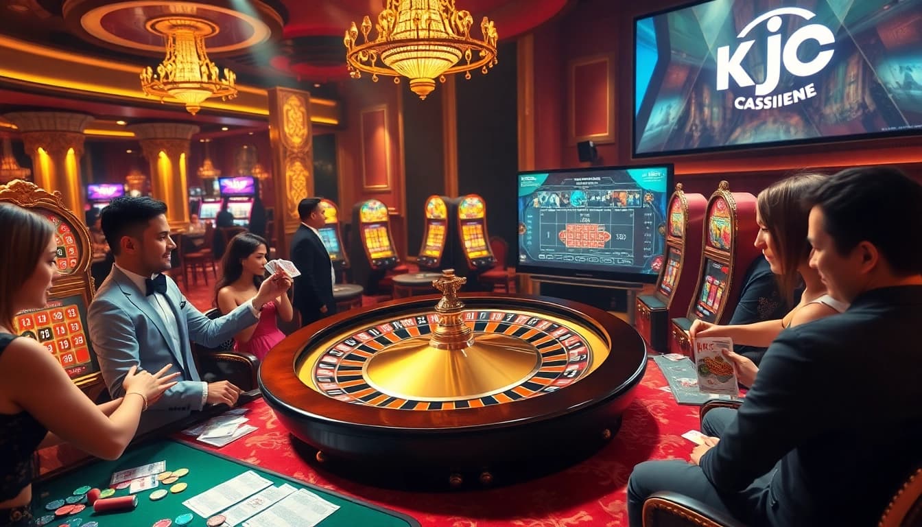 KJC gamblers betting at an luxurious casino table featuring roulette wheels and cards.