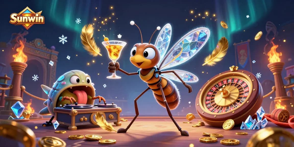Experience Sunwin's exciting gaming scene with a vibrant casino mascot and a trilobite DJ.