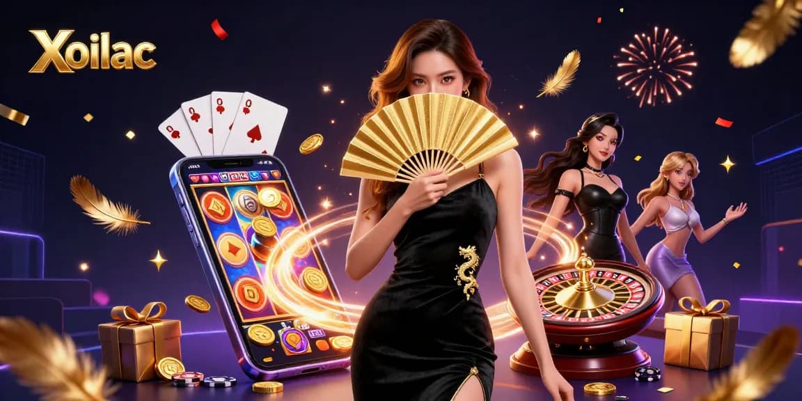 Xoilac brings thrilling casino excitement, showcasing a stunning Asian woman in a dark velvet dress and captivating slot games.