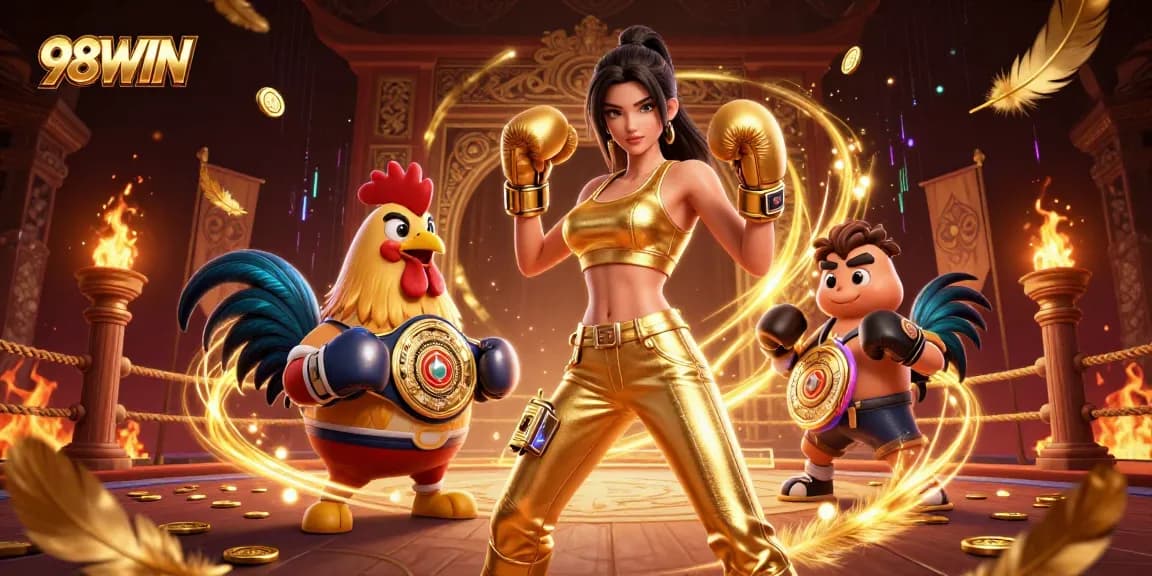 Experience 98WIN in a vibrant 3D casino atmosphere full of action and golden details.