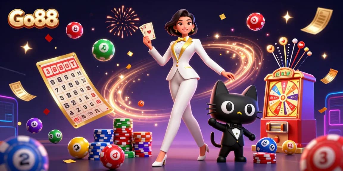Engage with thrilling games at Go88, featuring a glamorous character shuffling cards amidst vibrant casino elements.
