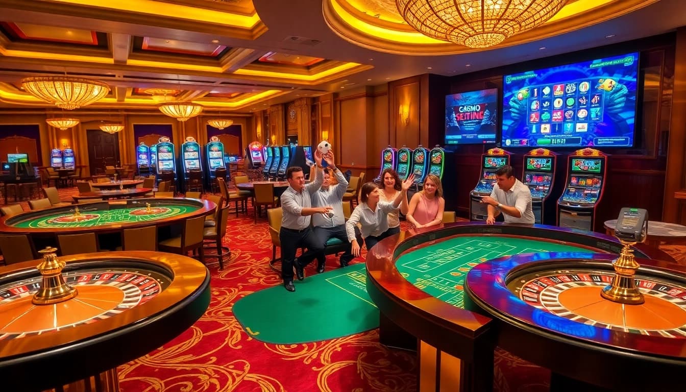 Excited players enjoying games at SODO CASINO with vibrant roulette wheels and slot machines.