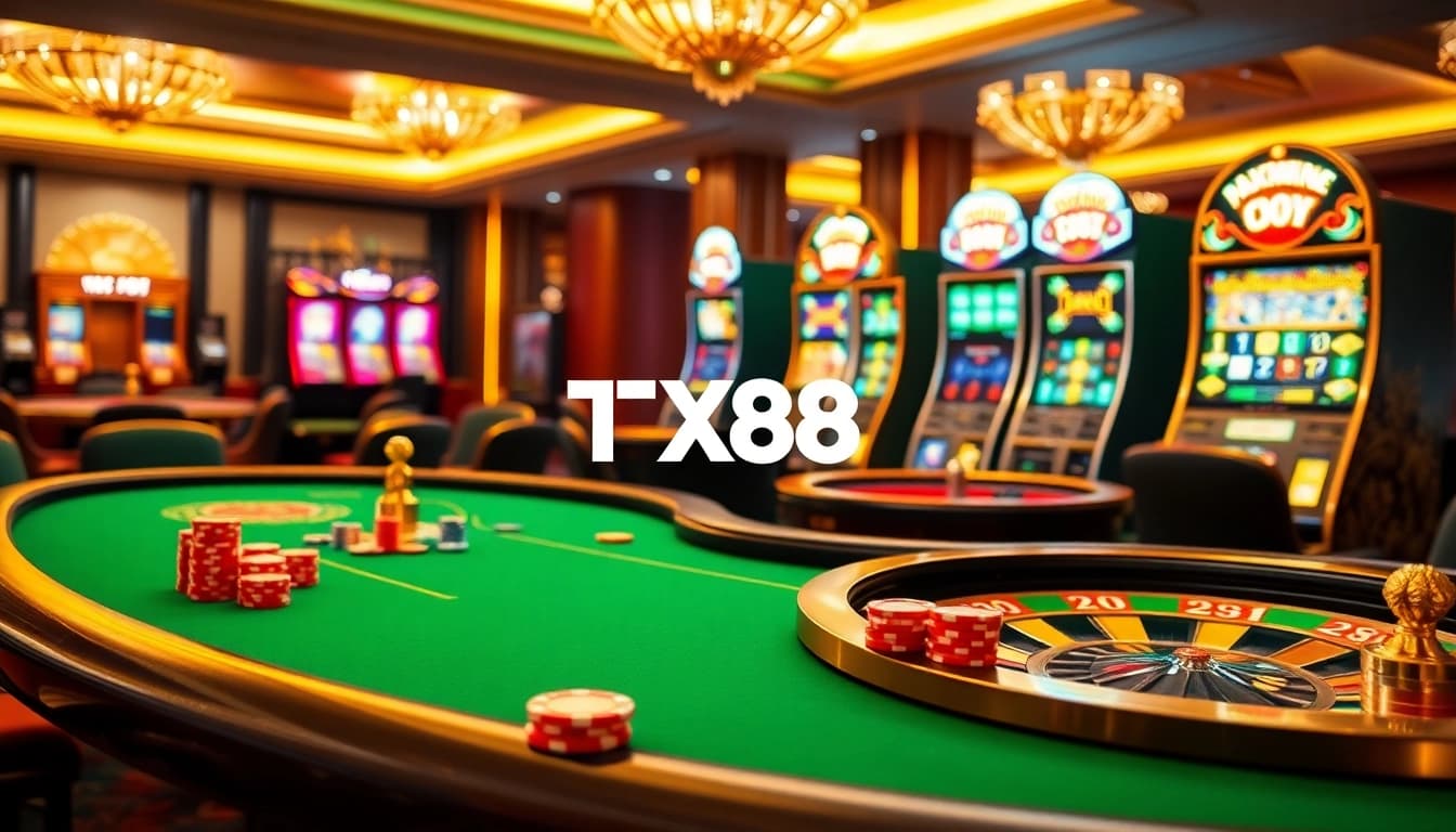 Engaging casino scene showcasing TX88 with vibrant gaming elements and players enjoying high-stakes action.