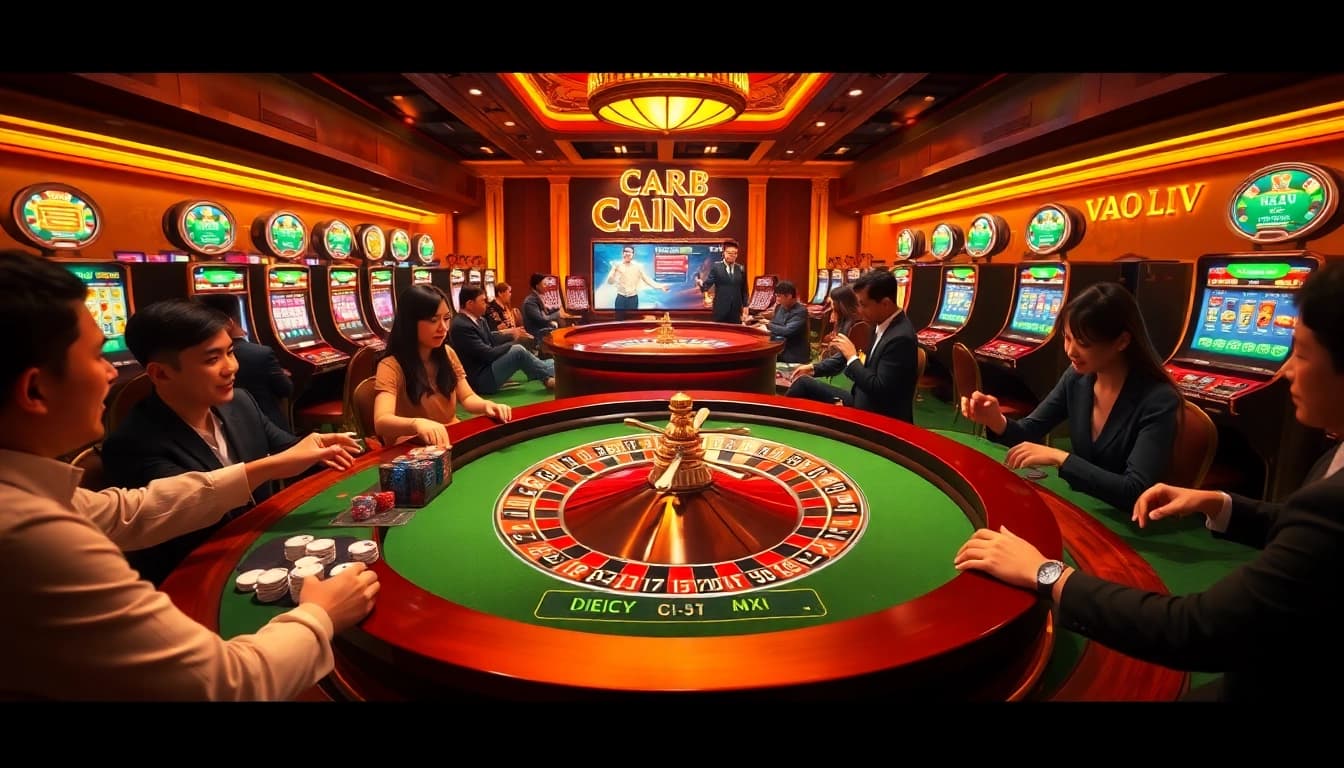 Players engaging in thrilling casino games showcasing Vào Lưới TV atmosphere with vibrant roulette and slot machines.