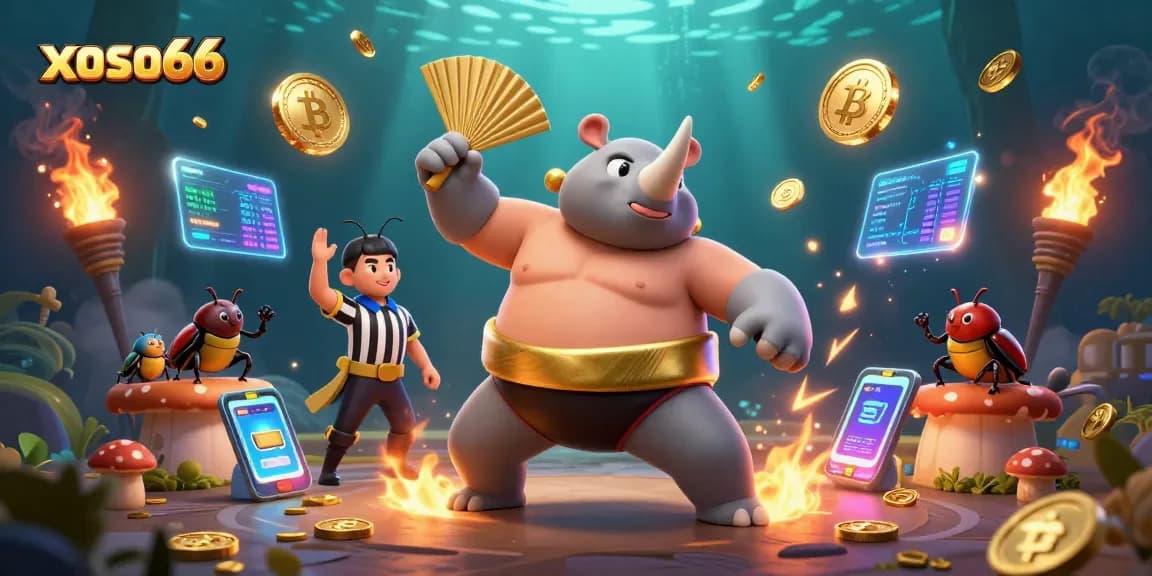 Engage with xoso66 as a beetle champion stomps coins in this vibrant casino illustration.