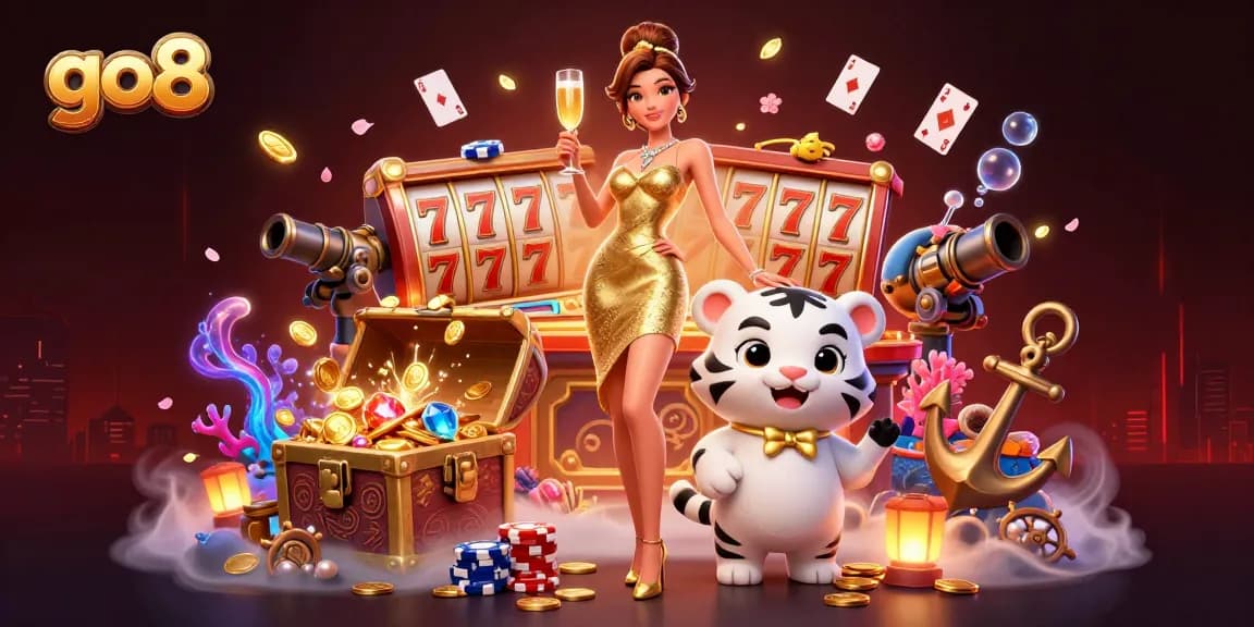 Win big at go8 with a glamorous casino scene featuring a stylish woman and a lucky tiger.