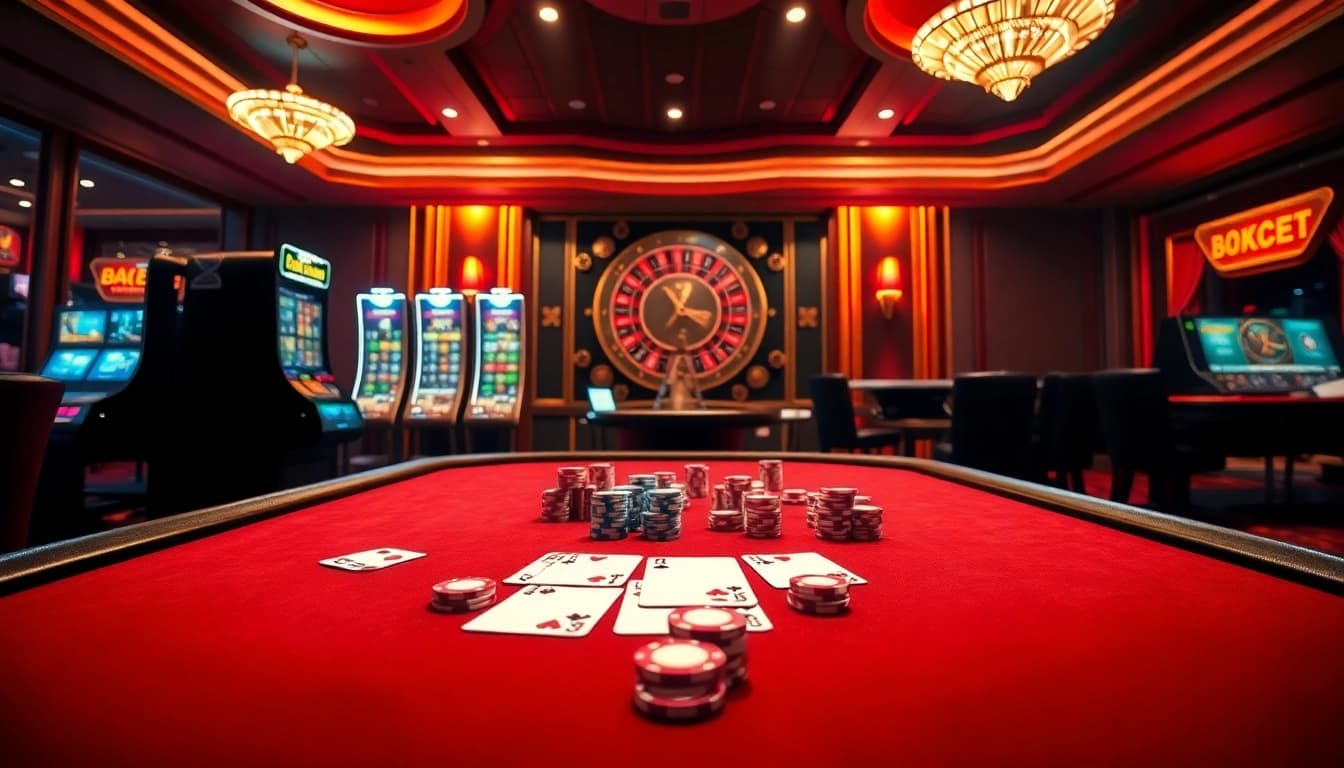 8kbet gamblers enjoying a luxurious casino environment filled with vibrant slot machines and poker tables.