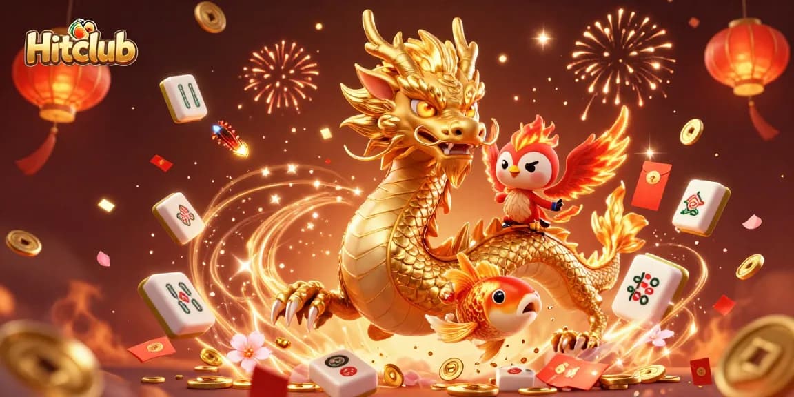 Hitclub offers thrilling gaming experiences featuring a golden dragon amidst coins and fireworks.