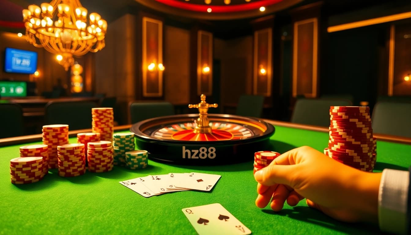Play poker at HZ88's luxurious casino table with vibrant chips and exciting atmosphere.