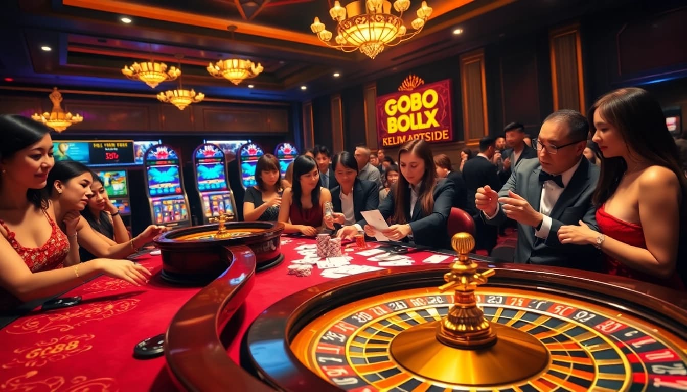 Players enjoying the GO88 gaming experience at a vibrant casino table with cards and chips.