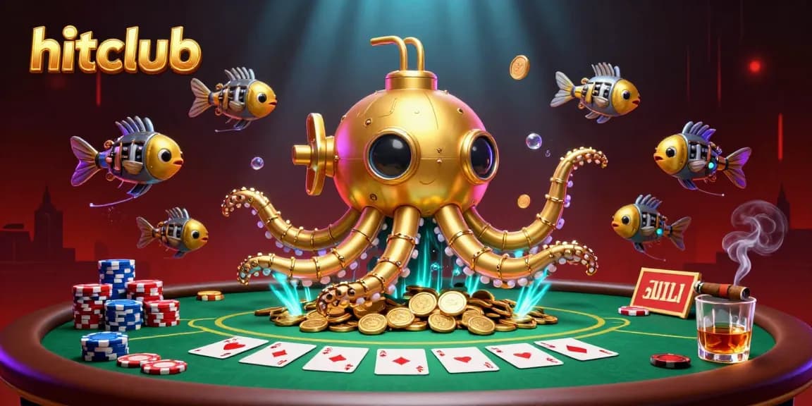 Engage in thrilling gameplay at hitclub with a golden kraken submarine and mechanical fish amidst vibrant poker elements.