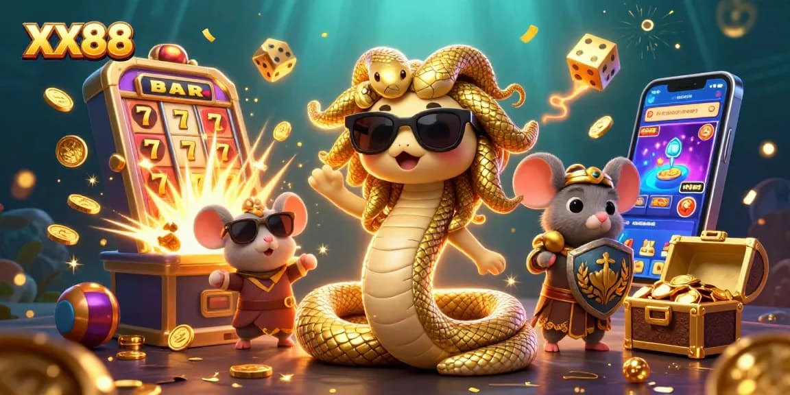 Win big at XX88 with Medusa and a warrior mouse in this vibrant casino scene