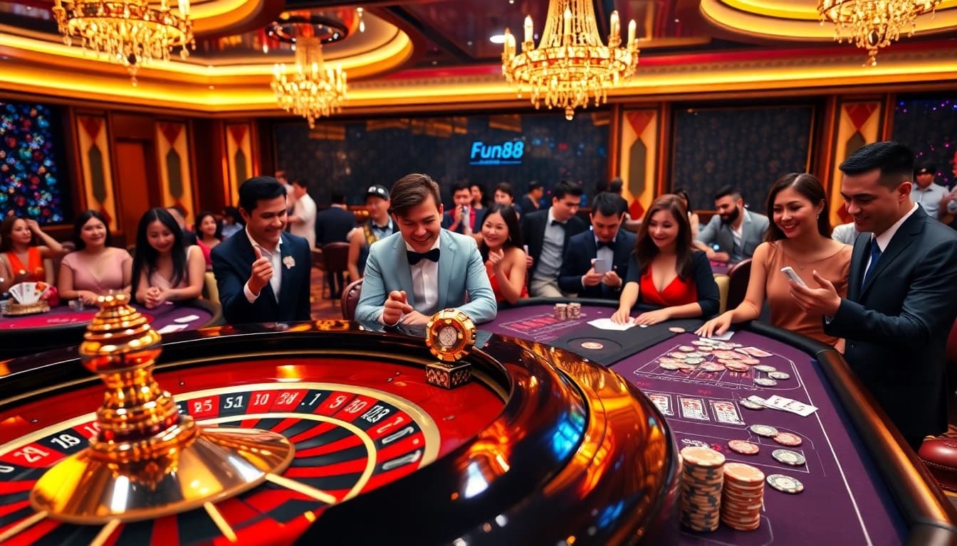 Fun88 gamblers enjoying a luxurious online betting experience with cards and chips.