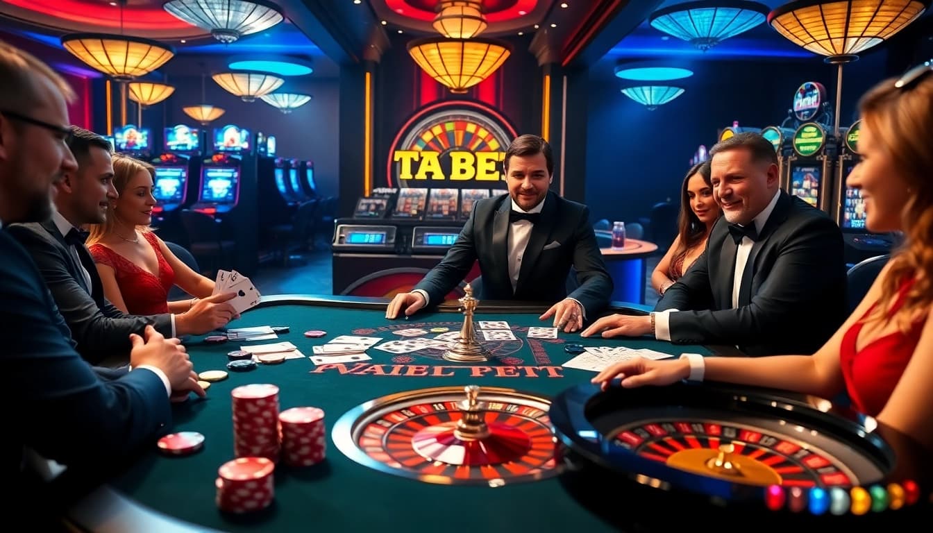 Players enjoying a thrilling game of blackjack at a lavish casino showcasing THA BET.