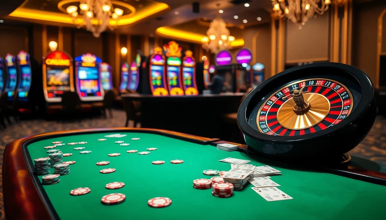 Engaging casino scene featuring nhà cái c168 with poker chips, tables, and vibrant slot machines.