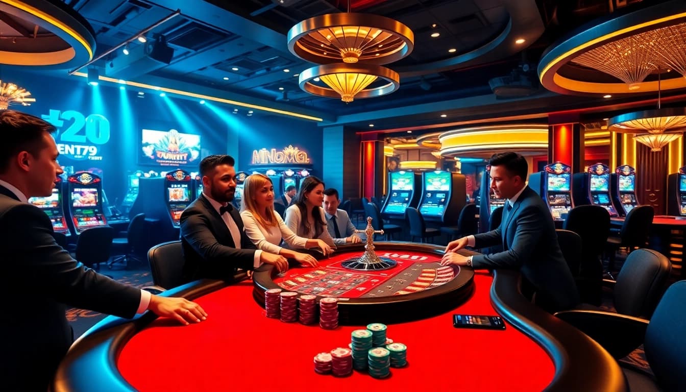 Experience the excitement of fun79 casino games with a vibrant poker table and roulette wheel.