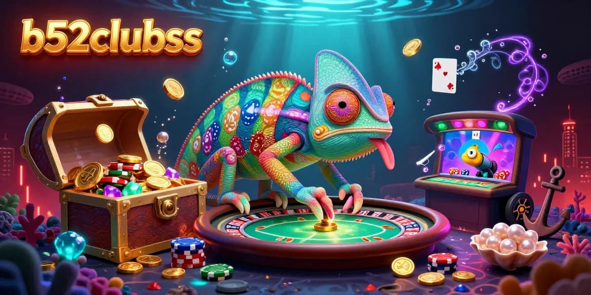 Experience the vibrant action at b52clubss with a chameleon casino owner amidst gold coins and colorful game elements.
