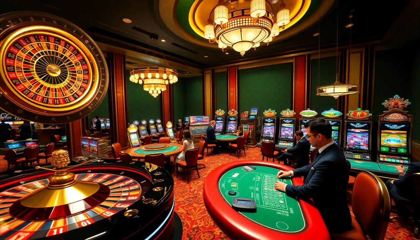 Engaged players enjoying games at nn88 casino with vibrant slot machines and a roulette wheel.